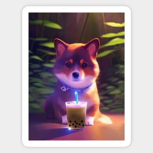 Cute corgi with boba bubble tea Sticker